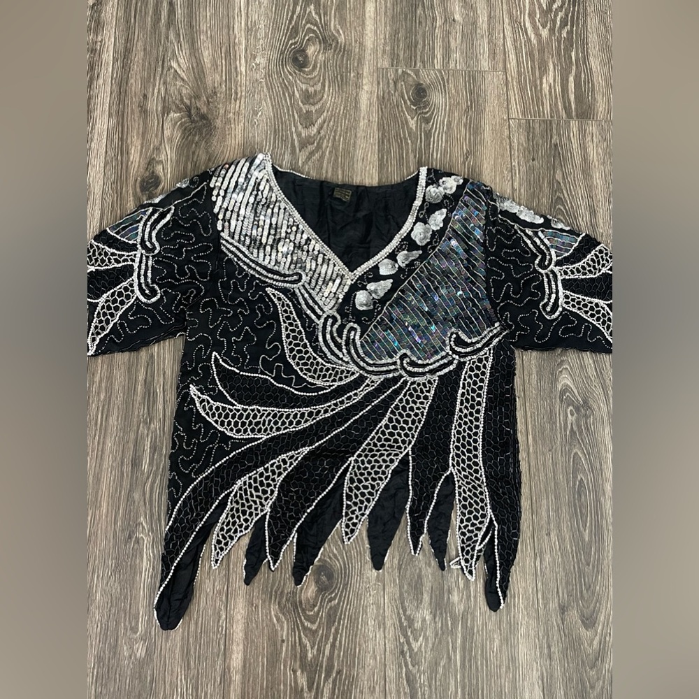 100% silk beaded and sequin blouse black size M